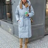 Mode automne hiver manteau chaud femmes décontracté à capuche avec ceinture longues parkas femme haute rue poche lâche 210923