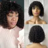 Curly Human Hair Peruansk Short Bob Wig With Bangs Glueless Full Machine Made Remy Wigs 150% Density No Spets