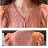 Automne Cardigan solide femmes Blouse chemise bureau dame à manches longues rouge dentelle mousseline de soie Blusas Mujer 6475 50 210508