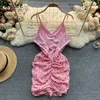Nepeoe Plised Folds Slim Hip Floral Drukowane Mini Sukienka Kobiety Sexy Bez Rękawów Backless Robe Kobieta Beach Holiday Vestidos Mujer Y0823