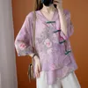 Senhoras Tradicional Chinês Cheongsam Verão Floral Cópia Botão Up V Pescoço Top Mulheres Étnica Algodão Linho Blusa Elegant Girls Roupas