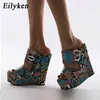 Eilyken 2021 nouveau gros vert serpentine compensées talons hauts loisirs été sandale femmes chaussures femme plate-forme mules pantoufles C0410