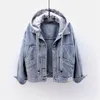 Frauen Denim Kurze Jacke Weibliche Oversize Oberbekleidung Lose BF Mit Kapuze Jeans Mantel Große Tasche Tops Frühling Herbst 211126