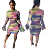 Rainbow Dresses For Women Casual Flare Long Sleeve Sheath Sexy Party Night Club Elegant Mini Boho Free 210525