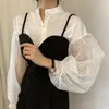 Women's Spring Summer Blouses Shirts Vintage Oversized Patchwork Tulle Transparent Korean Style Lady Tops