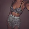 Sliver Brillant Paillettes 2 Pièces Ensemble Femmes Spaghetti Sangle Patchwork Soutien-Gorge Crop Top Bling Gland Taille Chaîne Clubwear 2 Pcs Tenues 220221