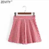 Zevity Women Fashion Red Plaid Print Pleated Bermuda Kjolar Shorts Kvinna Chic Side Zipper Casual Pantalone Cortos P1090 210724