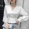 Korean Silk Blouse Women V-neck Satin Blouses for Long Sleeve Shirt Beading Waist Tops Plus Size 210604