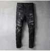Bandana masculina paisley impresso retalhos estiramento jeans streetwear preto denim calças lápis magro rasgado calças 669239j