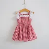 2021 Summer Baby Girls Fly Sleeve Evening Party Dresses Kids Lace Princess Dress Children Girl Clothes Blue/Red Q0716