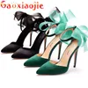 Dress Shoes Summer Cool Suede Women Sandal Green Pointed End 11CM Buckle Strap Super High Heels Black Cover Heel Ribbon Bow Stiletto