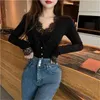 WOMENGAGA Frühling Koreanische Spitze Mesh Bowknot Langarm Slim Süße Top Bottom T-shirt Sommer Tops Tees Sexy V-ausschnitt TM8U 210603