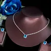 Boucles d'oreilles collier CWWZircons brillant carré coupe cubique zircone bleu clair ensemble de bijoux pour les femmes couleur or blanc mariée fête de mariage T576