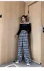 Vintage Elegant Plaid Kvinnor Casual Långbyxor Street Korean Fashion High Waist Straight Wide Leg Pant 210519