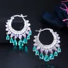 Elegant Purple Blue CZ Crystal Dangle Water Drop Tassel Hoop Earrings Fashion Bridal Wedding Boho Jewelry CZ741 210714