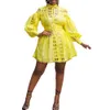 플러스 사이즈 드레스 아프리카 여성 패션 아프리카 옐로우 랜턴 슬리브 라인 미니 우아한 저녁 클럽웨어 드레스 없음 벨트