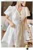 White Lace Hollow out Woman's Dress V-Neck High Waist Puff Sleeve Vestidos Summer Ladies Elegant Vintage Female 210519