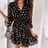 Summer V-neck long-sleeved print ruffled dress female fashion elegant tie waist floral dress A-line beach Dress womens vestido 210514