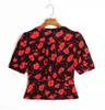 Vintage Francja Styl Pół Rękaw Wrap Koszula Moda Czerwony Kwiatowy Druku Czarna Bluzka Kobiety Chic Krótkie Topy 210429