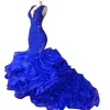 2023 Sexy Royal Blue Red Prom Dresses Organza Skirt V Neck Ruffles Tiered Lace Appliques Crystal Beads Mermaid Evening Gowns Party Gowns Sweep Train
