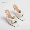 Pantoufles Clair Mince Talons Hauts Femmes Parti Chaussures De Mariage Nouvel Été Bowknot Bout Carré Diapositives Designer 36 42 220308