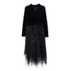 Women Black Navy Blue Velvet Patchwork Sequined Mesh Evening Party Dresses Long Sleeve Asymmetrical Midi Dress D2165 210514