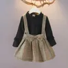 Kids Designer Kläder Tjejer Plaid Klänningar Fake 2PCS Toddler Girl Princess Dress Långärmad Barnklänning Boutique Barnkläder DW4758