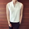 Erkek Casual Gömlek 2021 Yaz Zarif Siyah Kolsuz Beyaz Dikey Standı V Yaka Seksi Streç Giyim Mens Kazak Gençler Bluz