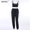 Sibybo 2 кусочных наряда для женщин 2020 летних урожая вершины рублей грузовые брюки черные наборы черные повседневные спортивные спортивные штаны трексуиты X0428