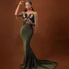 Kralen Tassel Formele Mermaid Avondjurken V-hals Glanzend Satijnen Sweep Trein Prom Dress Black Applicaties Lange Vestidos de Fiesta