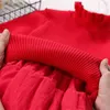 Ankunft Kinder Mädchen Kleidung Rot Gestrickte Pullover Kleid mit Plaid Tasche Langarm Mode Große Mädchen Layered Kleid Kinder 210713