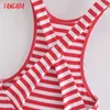 Tangada Fashion Red Striped Print Slim Tank Klänningar För Kvinnor Kvinna Casual Midi Dress 3W94 210609