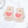 Knitted Gloves Winter Women Fingerless Mittens Keep Warm Ladies Pink Heart Wool Half Finger Female Hand Wrist