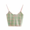 Grün Plaid Gestrickte Crop Top Frauen Blusen Sommer Dünne Backless Slip Pullover Frau Mode Streetwear Tunika Weibliche 210430