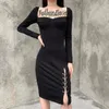 Kvinnor svart klänning bodycon modis soild höst vinter 2022 elegent split femme klänningar fest långärmad gotisk kläder #3 casual