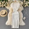 Spring Summer Women's Sexy Knitted Bodycon Dress Elegant Solid Colour Short Sleeve Vintage Femme Robe Korea Clothing 210514