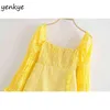 Vrouwen openwork borduurwerk lange mouw ruches geel mini jurk dame vierkante nek backless plaid party sexy 210514