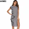 Abito da donna Nero Retro Percalle Alta spaccatura Increspato Tuniche a quadretti vintage Vestaglie Femme Elegante aderente Vestito estivo Abbigliamento donna 210416