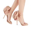 Ladies'new Floral Slip-on Sandals, 새틴 및 로마 스틸 레토스, 크기 : 34-42, 누드