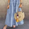 Kadın Elbise Bayanlar Yaz Moda Retro Kadınlar Kısa Kollu Dönüş Yaka Cepler Düğmeler Uzun Gevşek Denim Jean Elbise