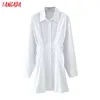 Women White Pleated Tunic Shirts Long Sleeve Solid Turn Down Collar Elegant Office Ladies Work Wear Blouses 5X19 210416