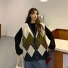 H.Sa Damska Bez Rękawów V Neck Argyle Dzianiny Topy Wiosna Koreański Chic Sweter Cardigans Loose 210417