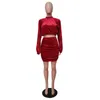 Solid Velour Two Piece Sets Autumn Winter Clothes for Women Lantern Sleeve Velvet Crop Top and Bodycon Mini Skirt Matching Suits 211106