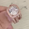 2020 Arrival Vintage Fine Jewelry 925 Sterling Silver&Rose Gold Cushion Shape White Topaz CZ Diamond 3PCS Wedding Ring