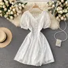 Women Fashion Sexy V-neck Breasted Slim Lace Short Sleeve A-line Dress Summer Vintage Clothes Vestido De Mujer S025 210527