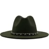 Sombreros Fedora de fieltro de ala ancha y plana dura de lana sintética australiana elegante Vintage de Color sólido para hombre gorra de Jazz de fiesta con cadena dorada