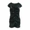 Mini vestido de piel sintética a la moda para mujer, cuello en V Vintage, mangas cortas, cremallera invisible, chic femenino 210520