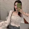 Girls Sweet Ruffles Slash Neck Full Lantern Sleeve Cropped Blouse Women's Solid Lace Up Ruffled Blouse Crop Top For Female 10160 210528