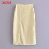 Tangada Women Yellow Floral Pencil Midi Skirt Faldas Mujer Vintage Side Zipper Office Ladies Elegant Chic Mid Calf Skirts QN110 210609