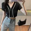 Summer Women Sexy Knitted Crop Cardigan Sweaters Short Sleeve Zipper Tops Black Whiter Ladies Cardigans Korean 210513